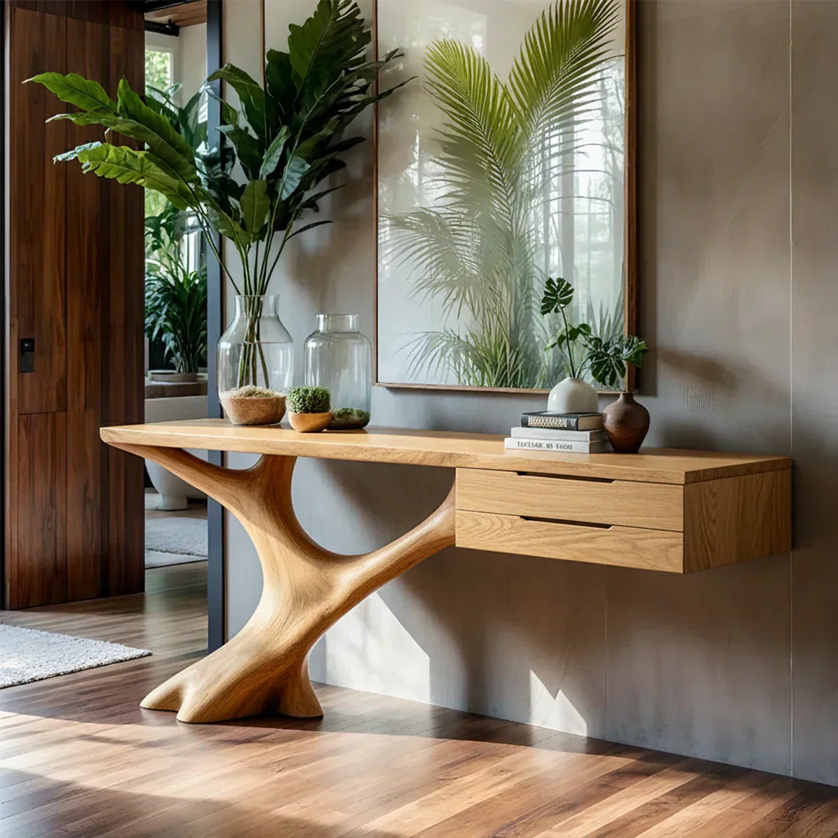 Solid Wood Console Table with Sculpted Tree-Root Base & Floating Drawers - Rustiracraft 