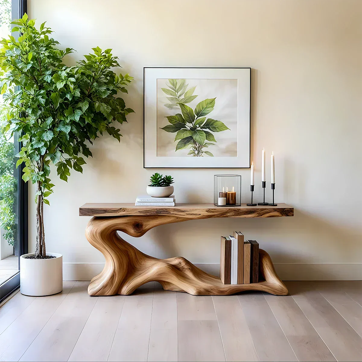 Solid Wood Console Table with Sculpted Wave-Form Base - Rustiracraft 