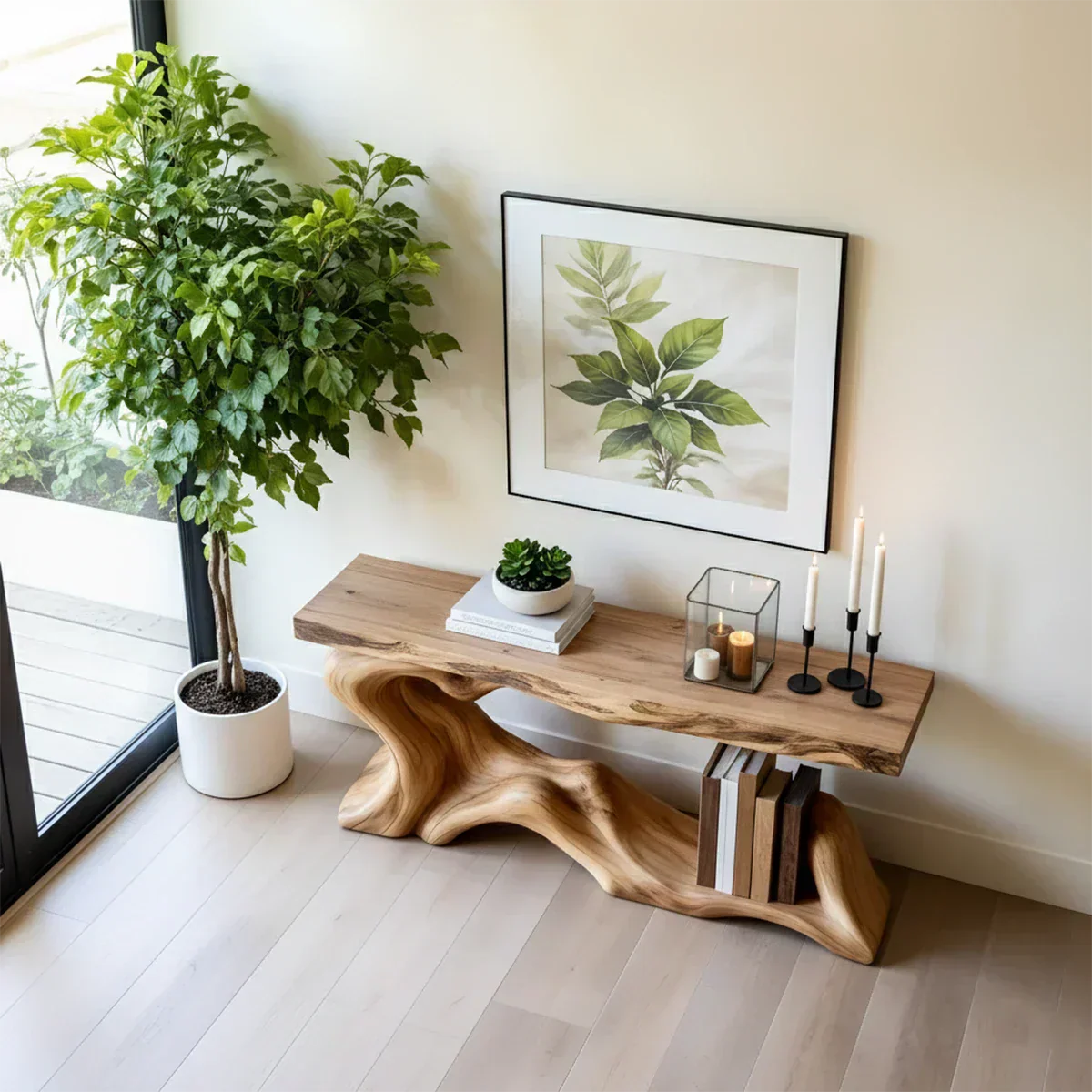 Solid Wood Console Table with Sculpted Wave-Form Base - Rustiracraft 