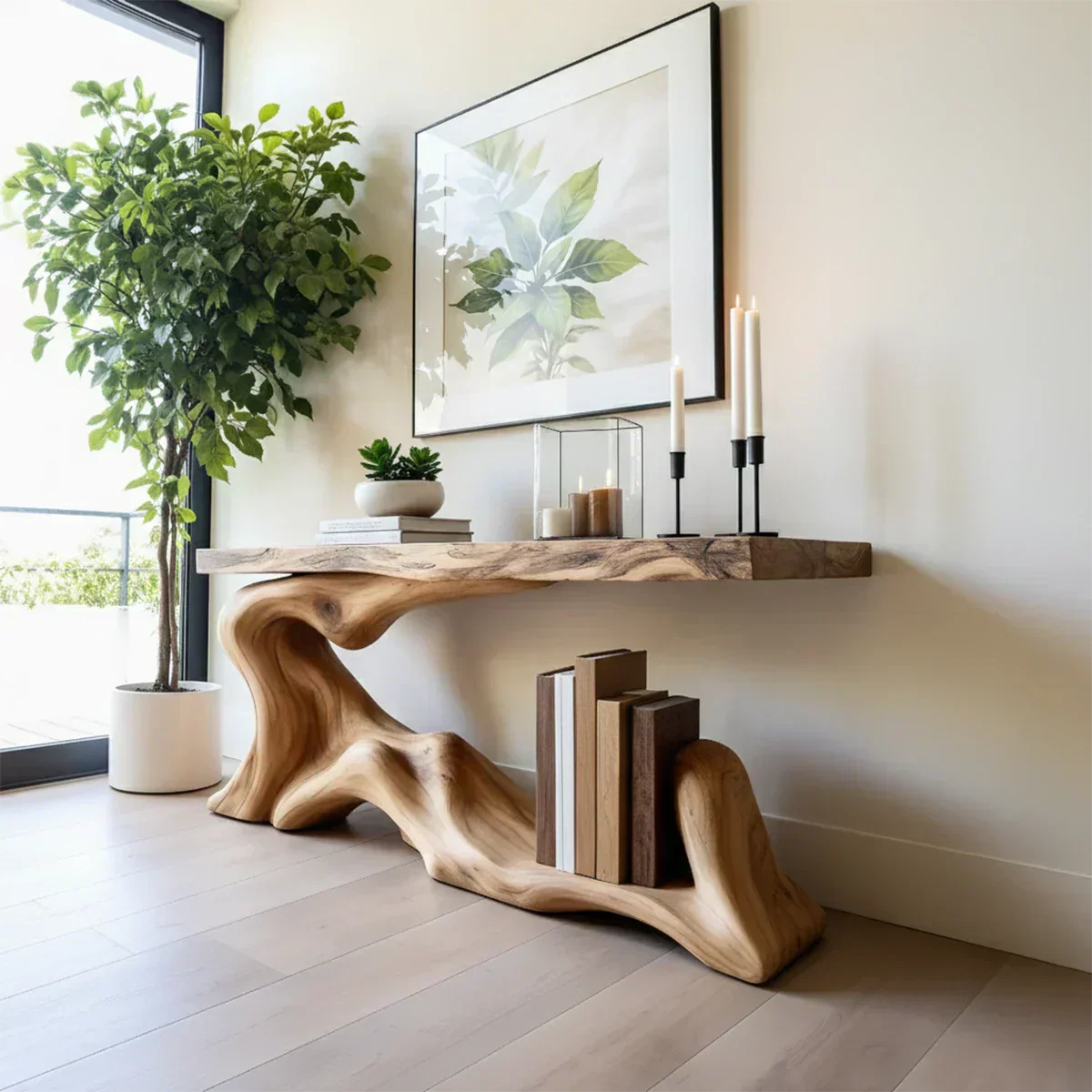 Solid Wood Console Table with Sculpted Wave-Form Base - Rustiracraft 