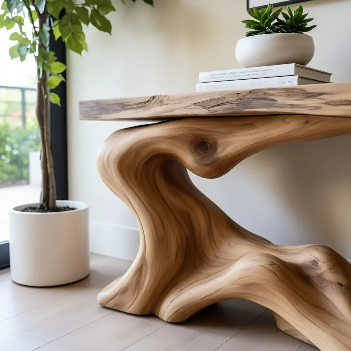 Solid Wood Console Table with Sculpted Wave-Form Base - Rustiracraft 