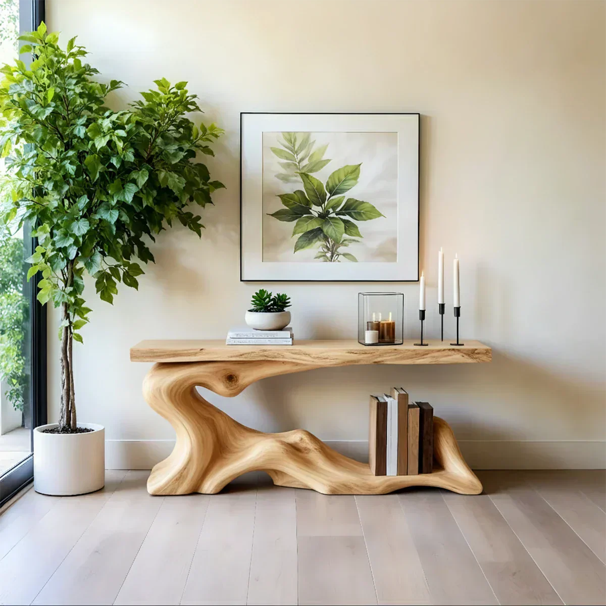 Solid Wood Console Table with Sculpted Wave-Form Base - Rustiracraft 