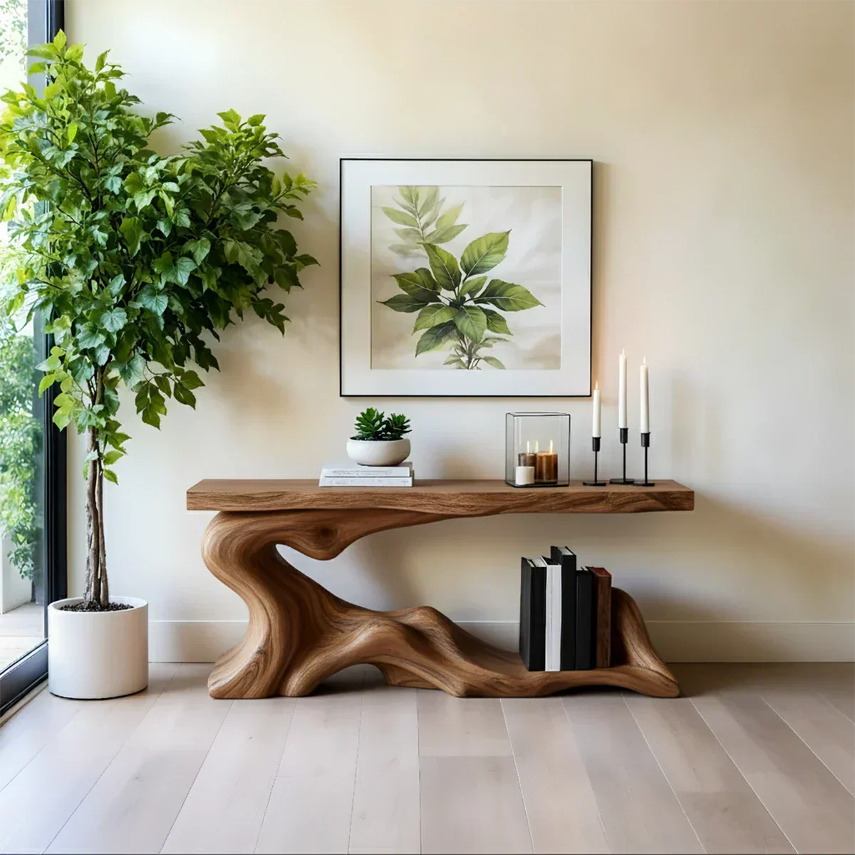 Solid Wood Console Table with Sculpted Wave-Form Base - Rustiracraft 