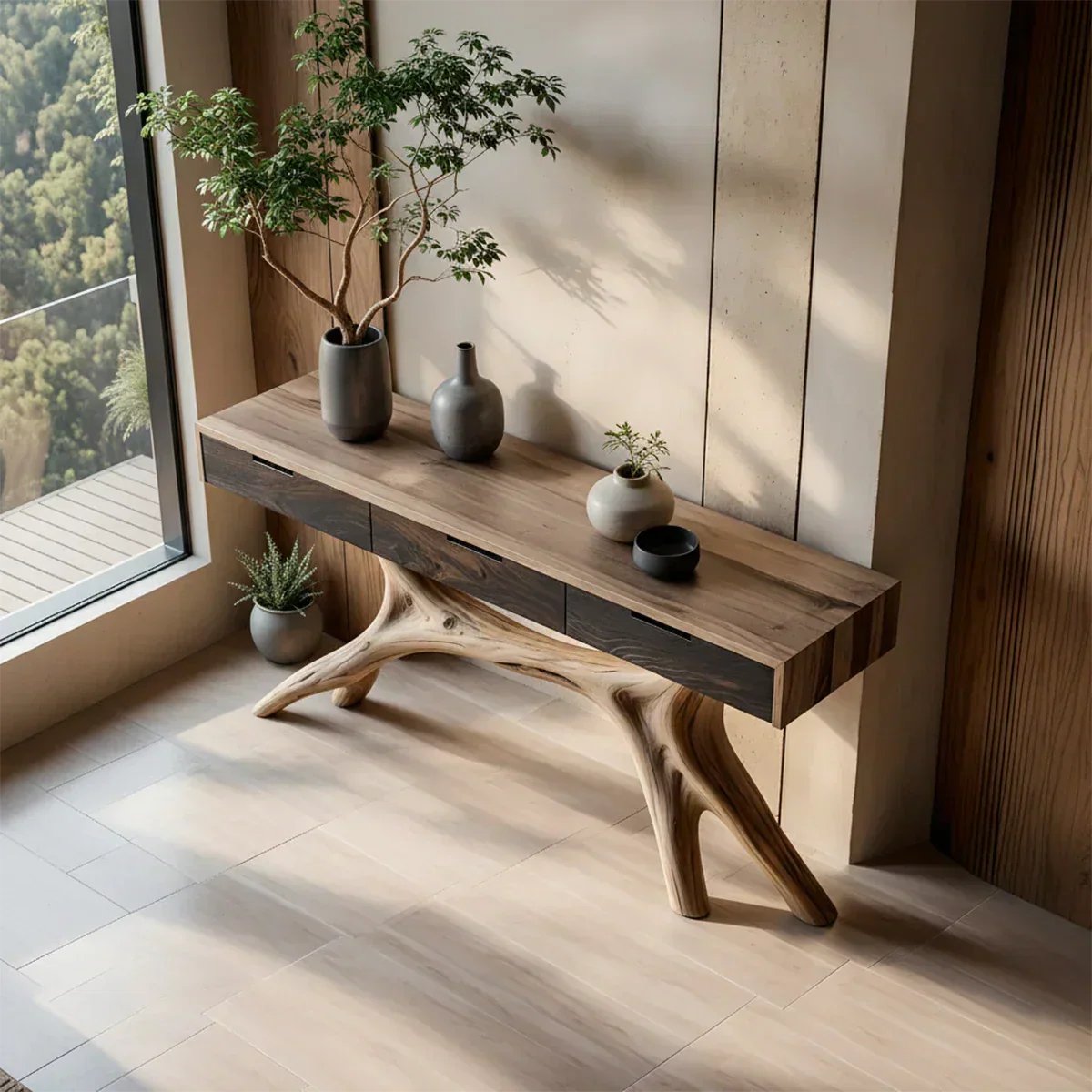 Solid Wood Console Table with Sculptural Branch-Form Base & Drawers - Rustiracraft 