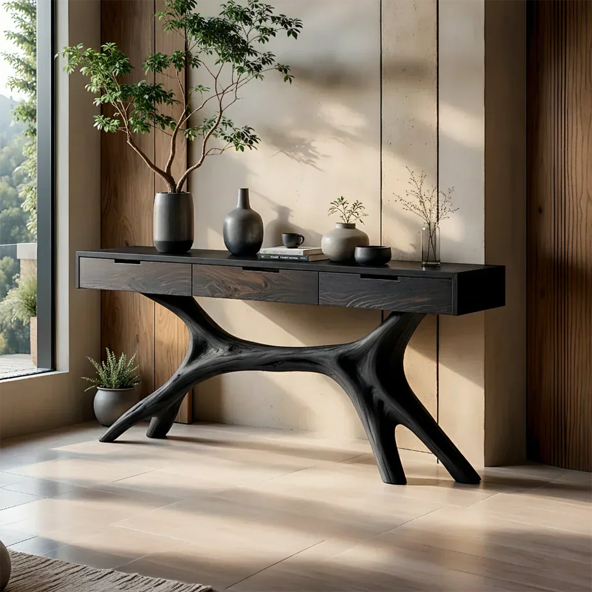 Solid Wood Console Table with Sculptural Branch-Form Base & Drawers - Rustiracraft 