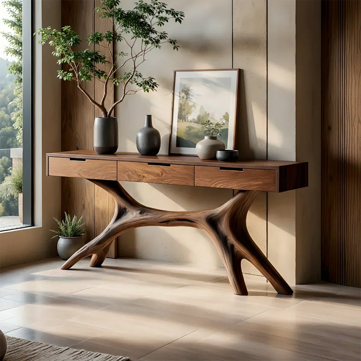Solid Wood Console Table with Sculptural Branch-Form Base & Drawers - Rustiracraft 
