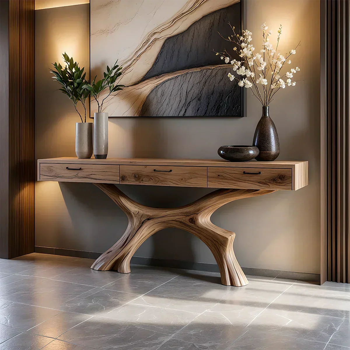 Solid Wood Console Table with Sculptural Branch-Form Base & Drawers - Rustiracraft 