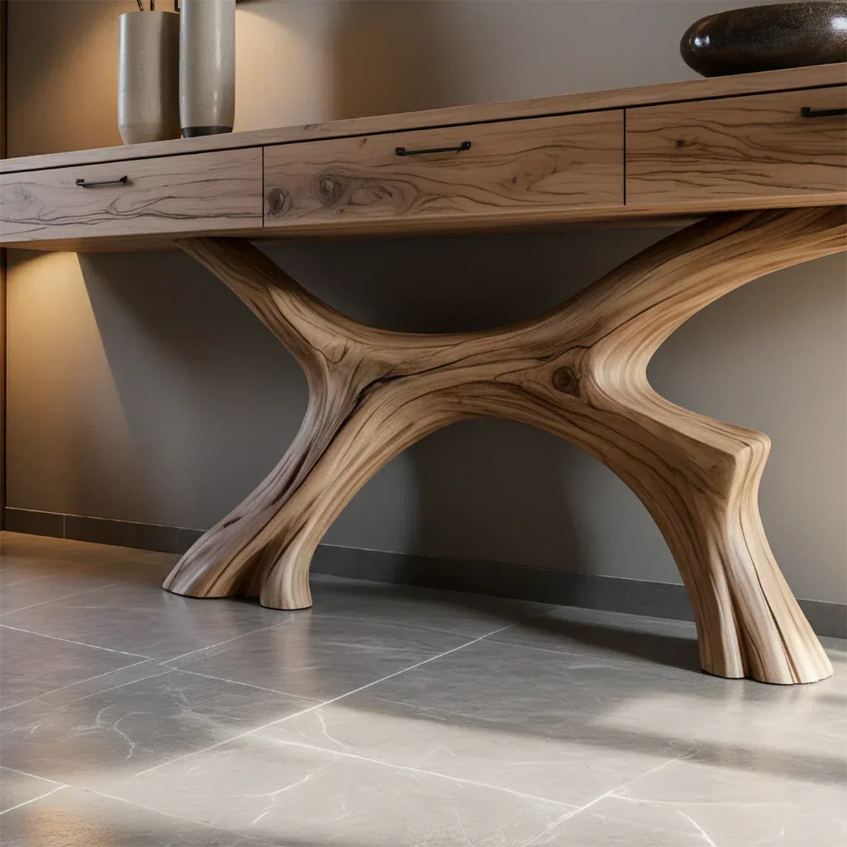 Solid Wood Console Table with Sculptural Branch-Form Base & Drawers - Rustiracraft 