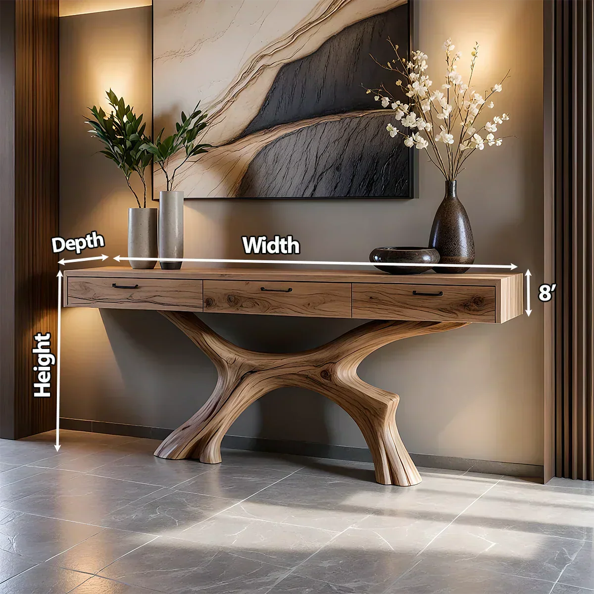 Solid Wood Console Table with Sculptural Branch-Form Base & Drawers - Rustiracraft 