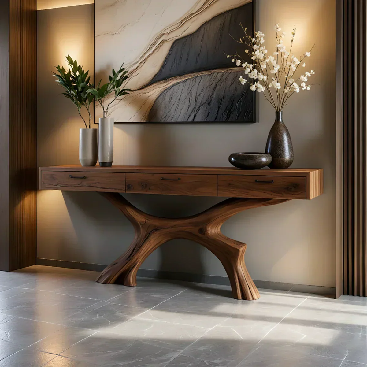 Solid Wood Console Table with Sculptural Branch-Form Base & Drawers - Rustiracraft 
