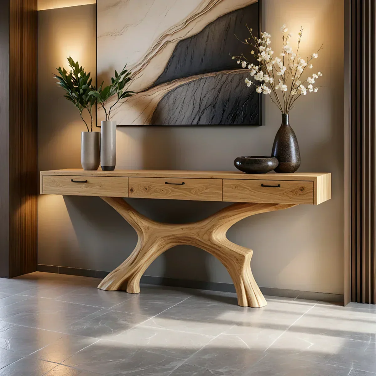 Solid Wood Console Table with Sculptural Branch-Form Base & Drawers - Rustiracraft 