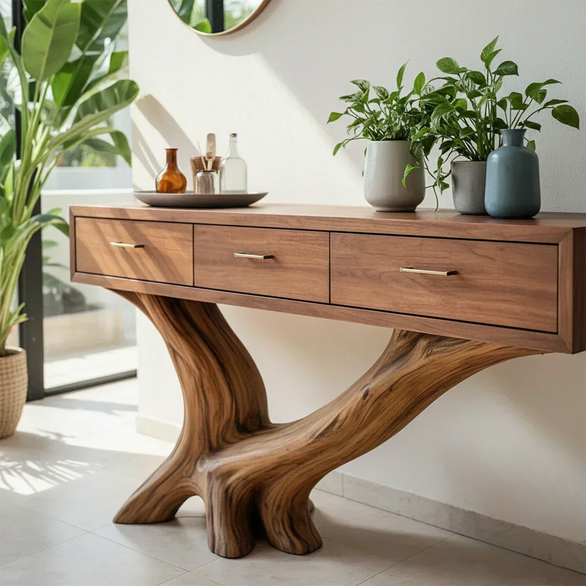 Solid Wood Console Table with Sculptural Natural Base & Drawers - Rustiracraft 