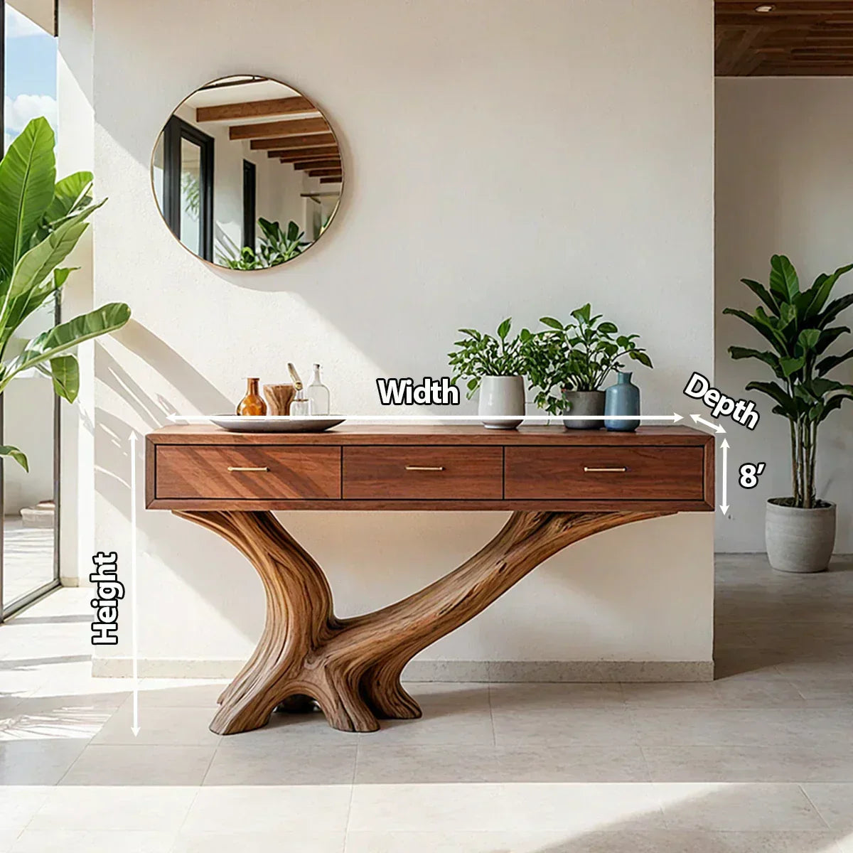 Solid Wood Console Table with Sculptural Natural Base & Drawers - Rustiracraft 