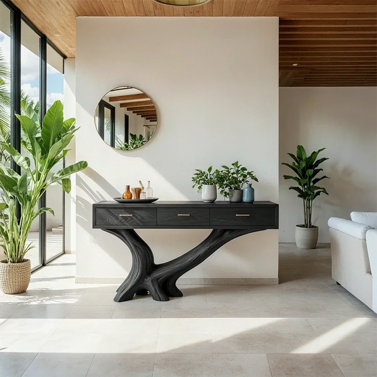 Solid Wood Console Table with Sculptural Natural Base & Drawers - Rustiracraft 