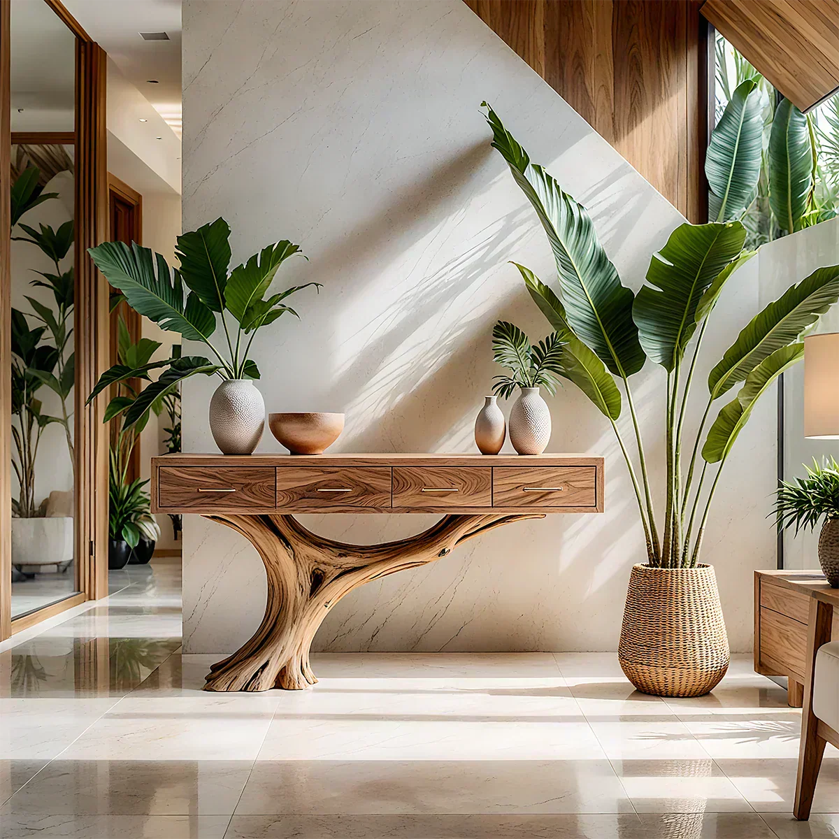 Solid Wood Console Table with Sculptural Tree-Inspired Base & Drawers - Rustiracraft 