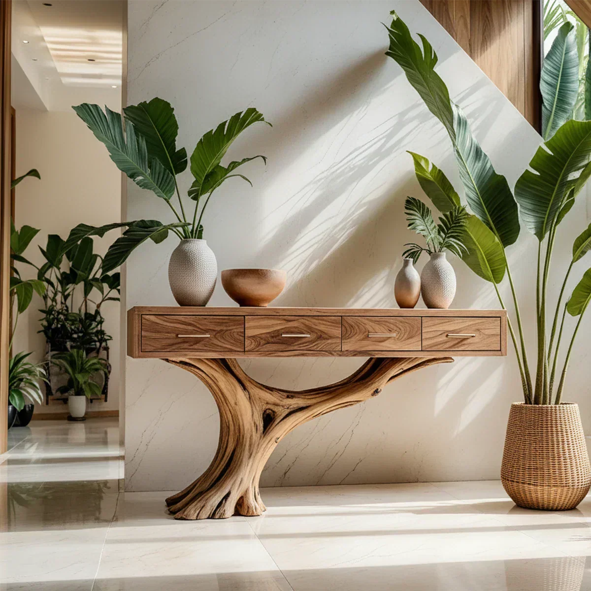 Solid Wood Console Table with Sculptural Tree-Inspired Base & Drawers - Rustiracraft 