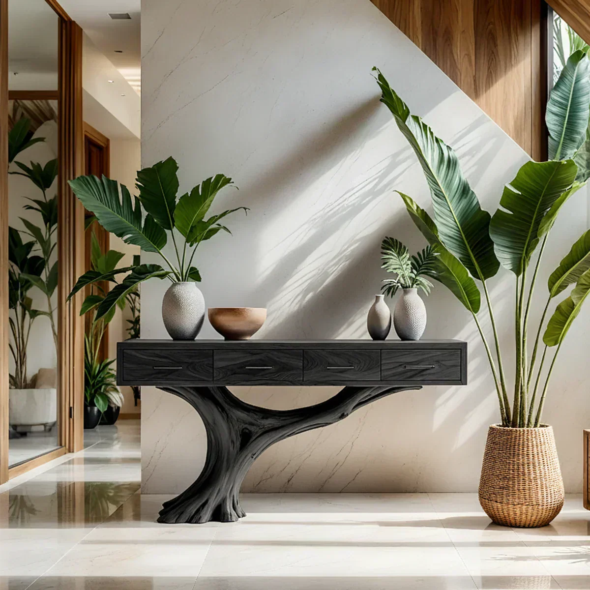 Solid Wood Console Table with Sculptural Tree-Inspired Base & Drawers - Rustiracraft 