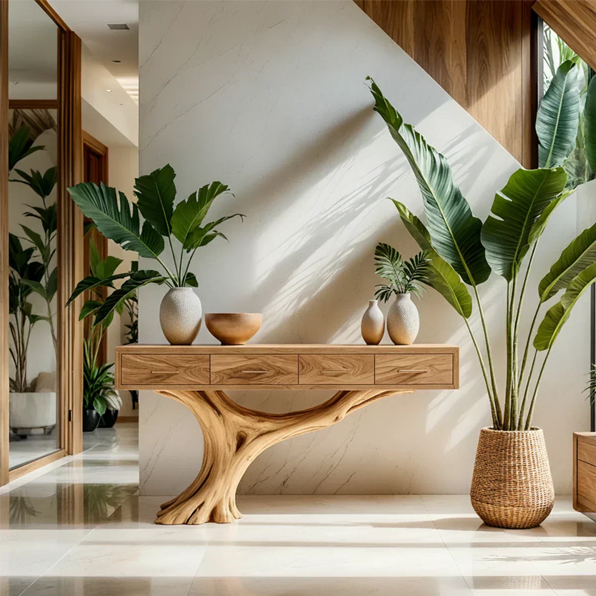Solid Wood Console Table with Sculptural Tree-Inspired Base & Drawers - Rustiracraft 