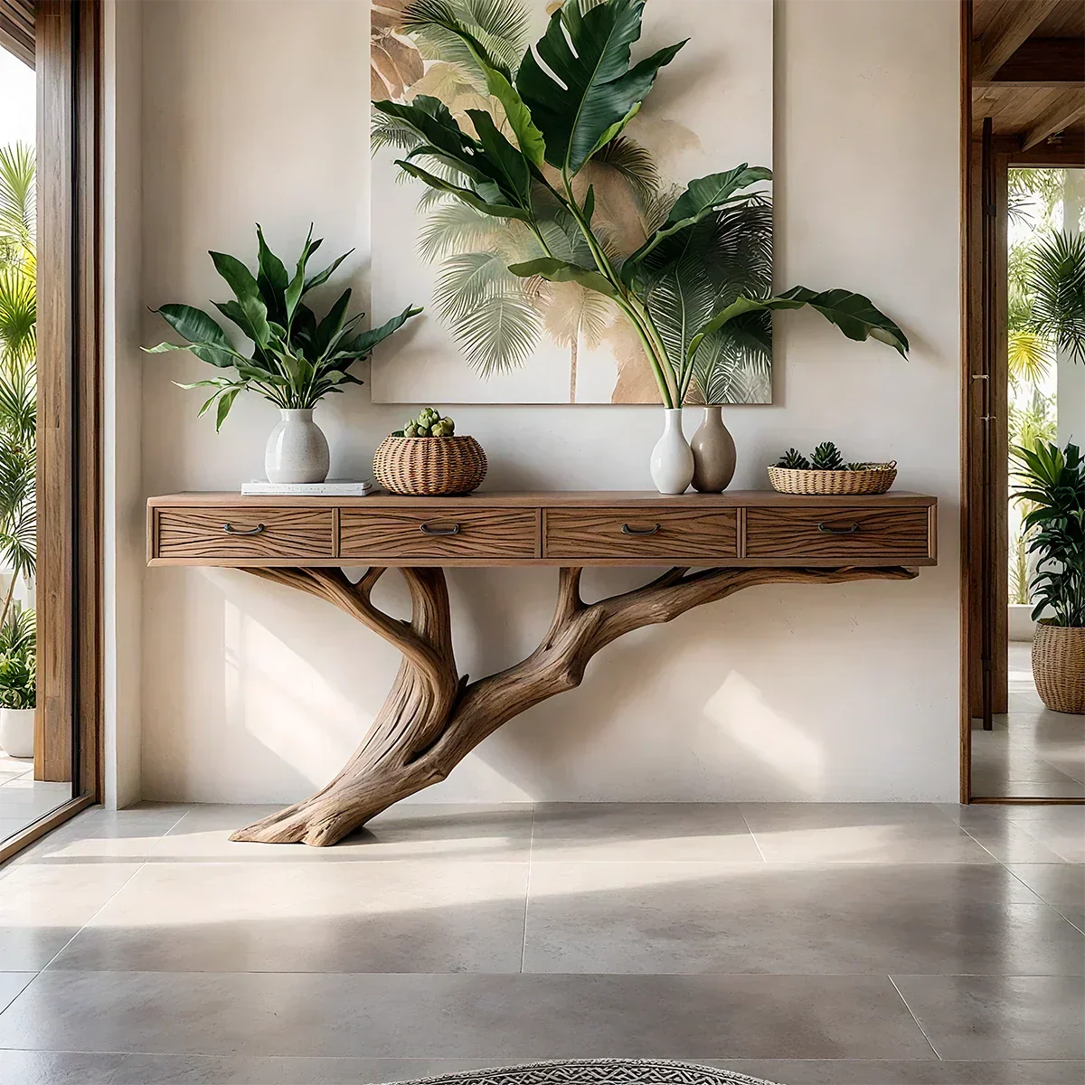Solid Wood Console Table with Tree-Inspired Sculptural Base & Drawers - Rustiracraft 