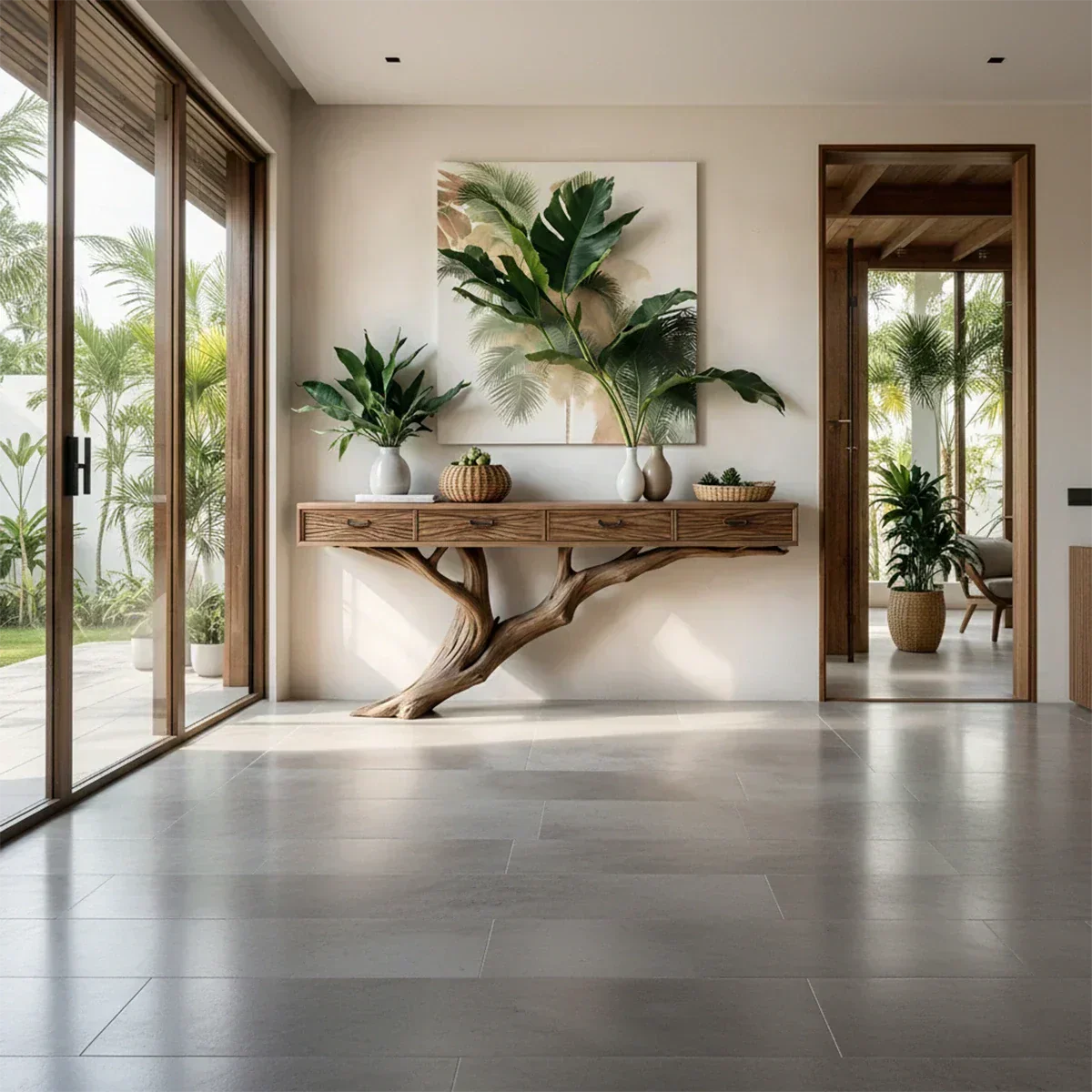 Solid Wood Console Table with Tree-Inspired Sculptural Base & Drawers - Rustiracraft 