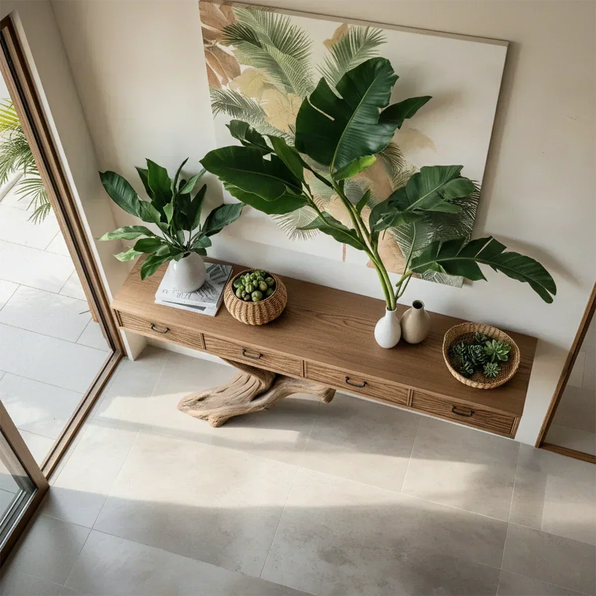 Solid Wood Console Table with Tree-Inspired Sculptural Base & Drawers - Rustiracraft 