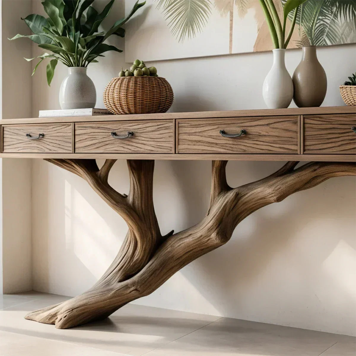Solid Wood Console Table with Tree-Inspired Sculptural Base & Drawers - Rustiracraft 