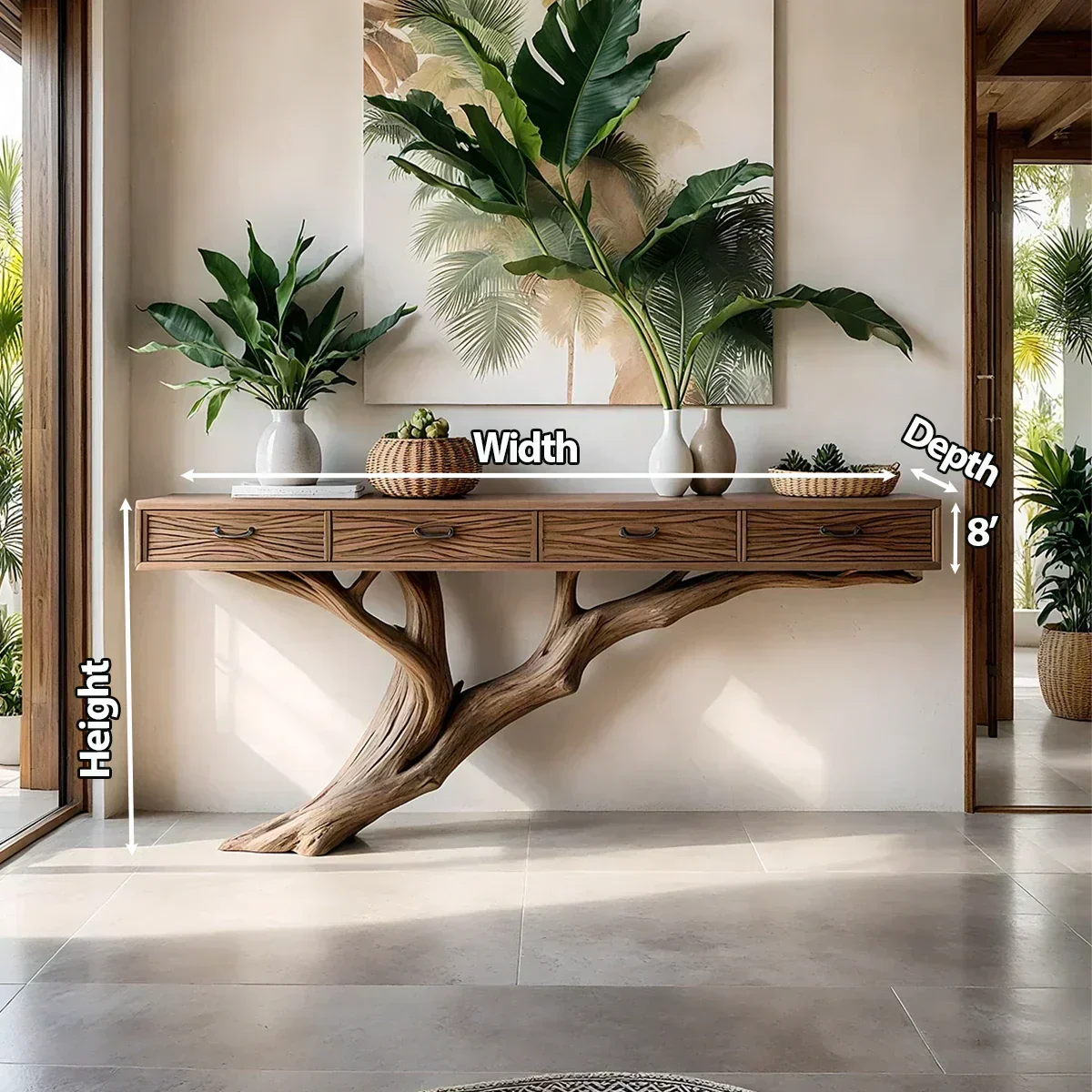 Solid Wood Console Table with Tree-Inspired Sculptural Base & Drawers - Rustiracraft 