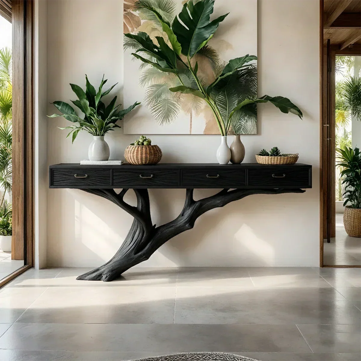 Solid Wood Console Table with Tree-Inspired Sculptural Base & Drawers - Rustiracraft 