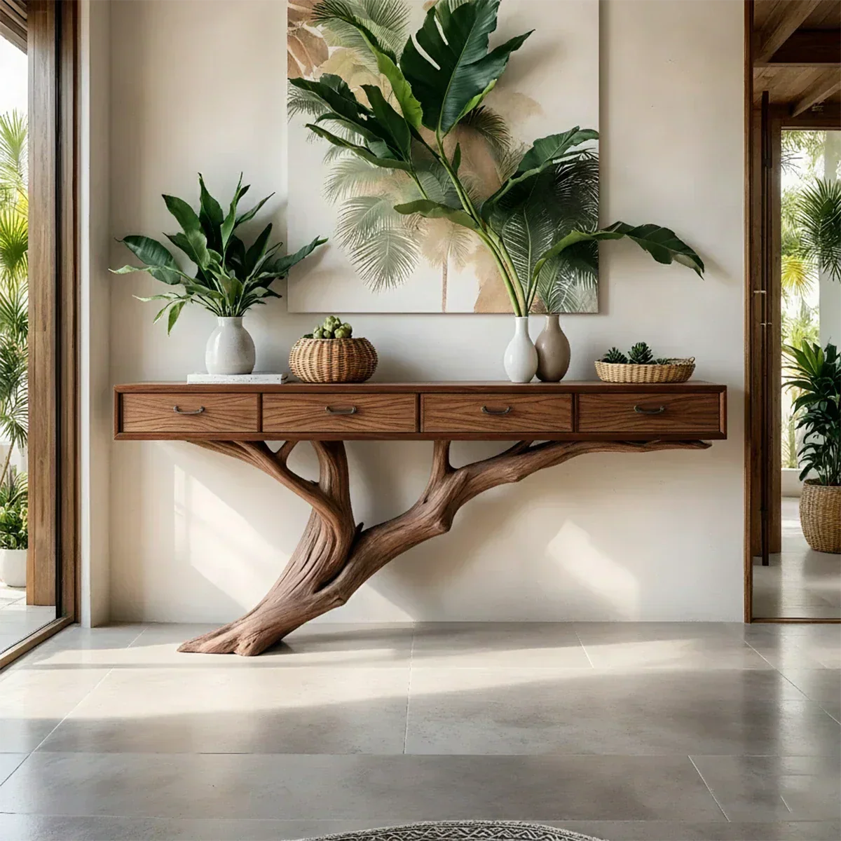 Solid Wood Console Table with Tree-Inspired Sculptural Base & Drawers - Rustiracraft 