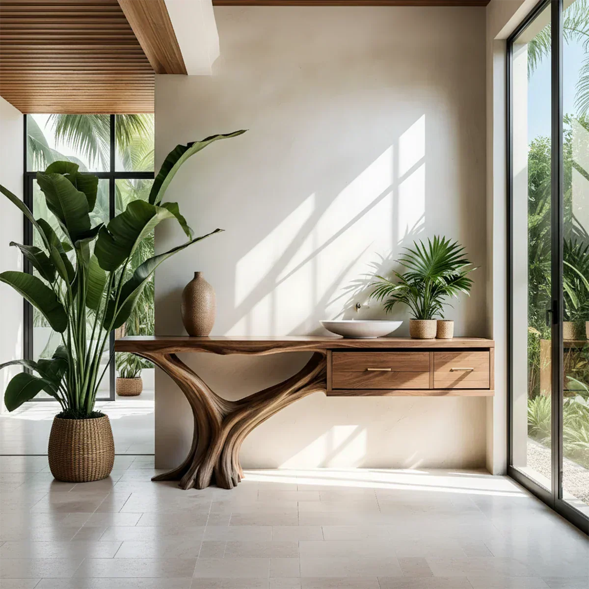 Solid Wood Console Table with Tree-Root Sculptural Base & Dual Drawers - Rustiracraft 