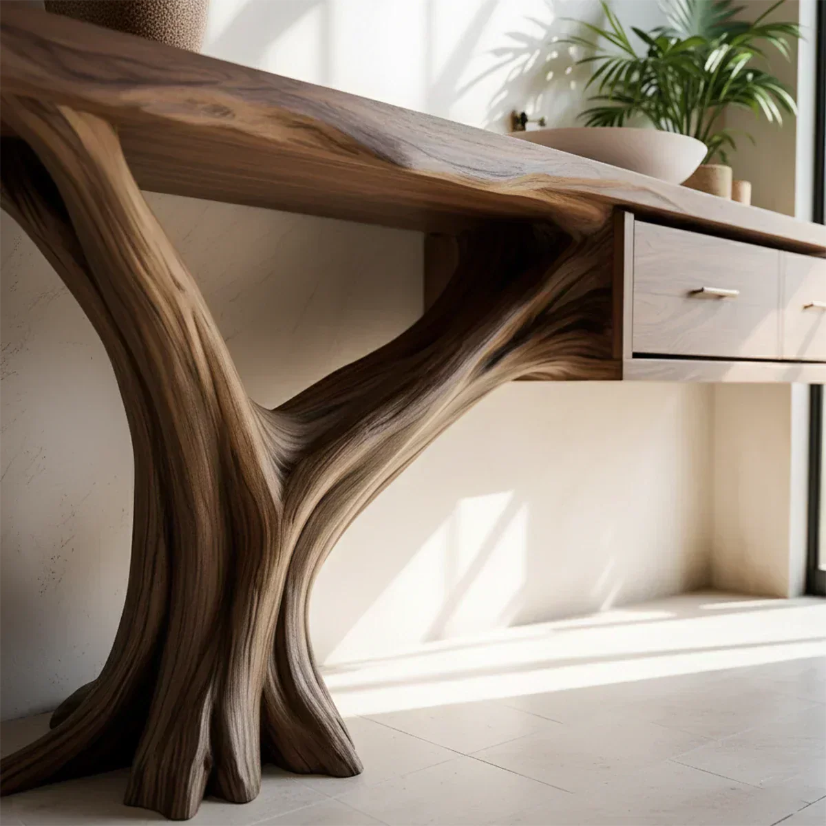 Solid Wood Console Table with Tree-Root Sculptural Base & Dual Drawers - Rustiracraft 
