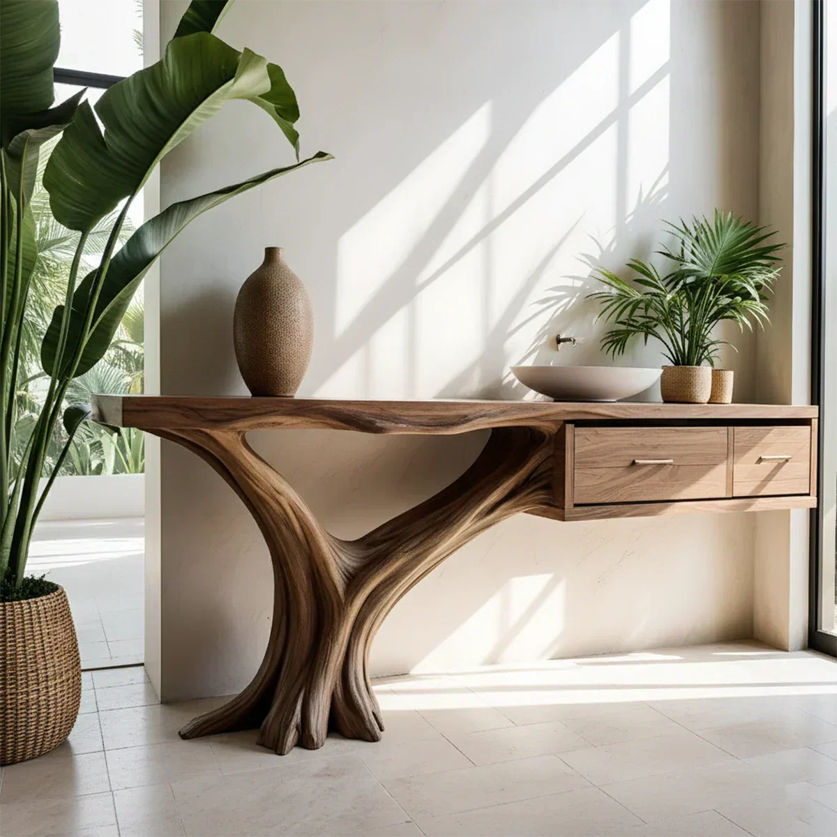 Solid Wood Console Table with Tree-Root Sculptural Base & Dual Drawers - Rustiracraft 