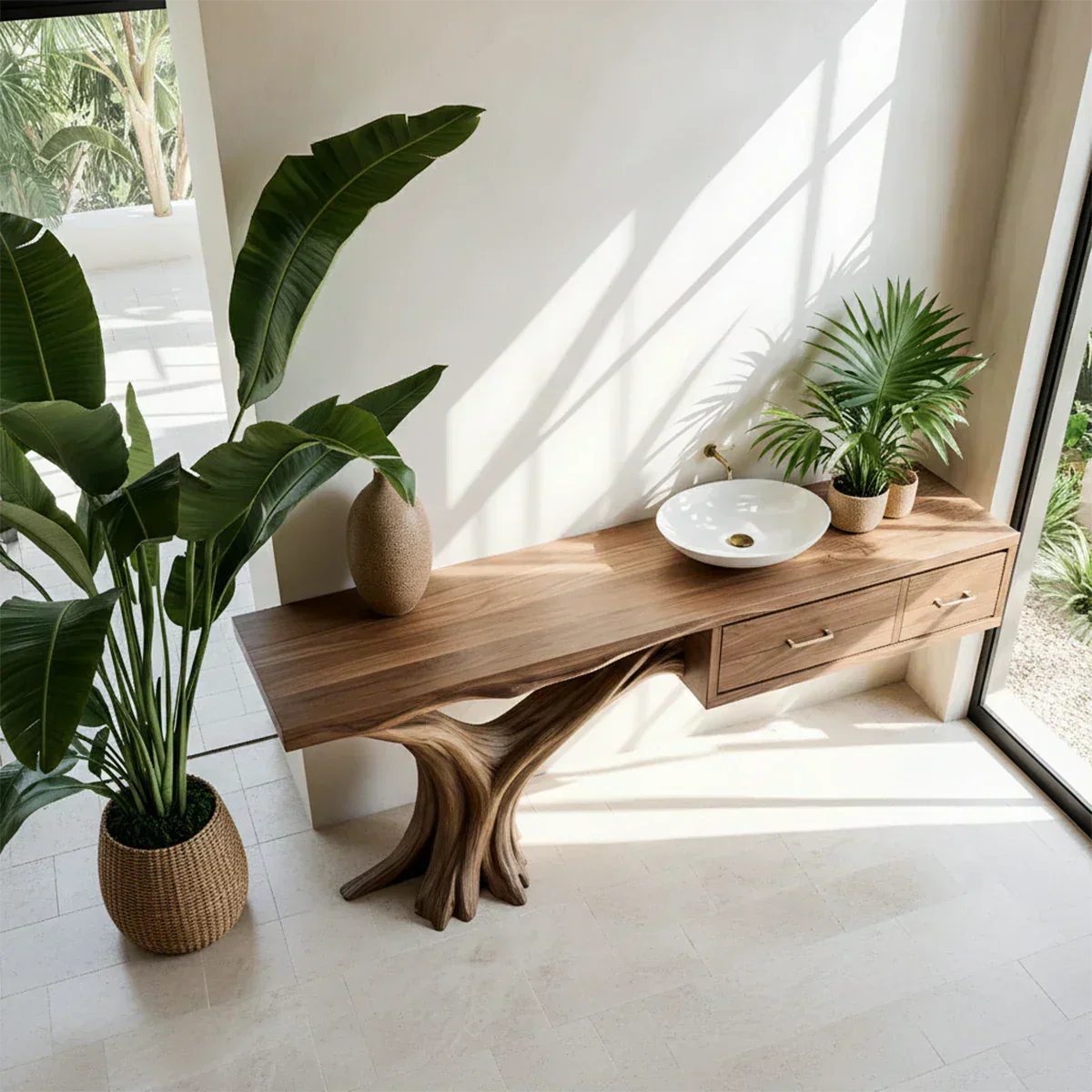 Solid Wood Console Table with Tree-Root Sculptural Base & Dual Drawers - Rustiracraft 