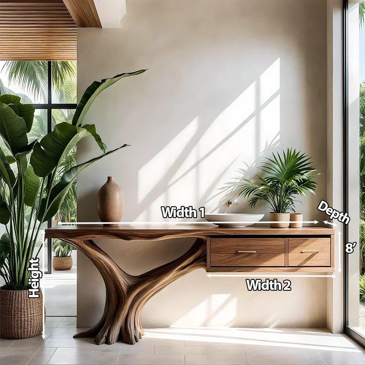 Solid Wood Console Table with Tree-Root Sculptural Base & Dual Drawers - Rustiracraft 