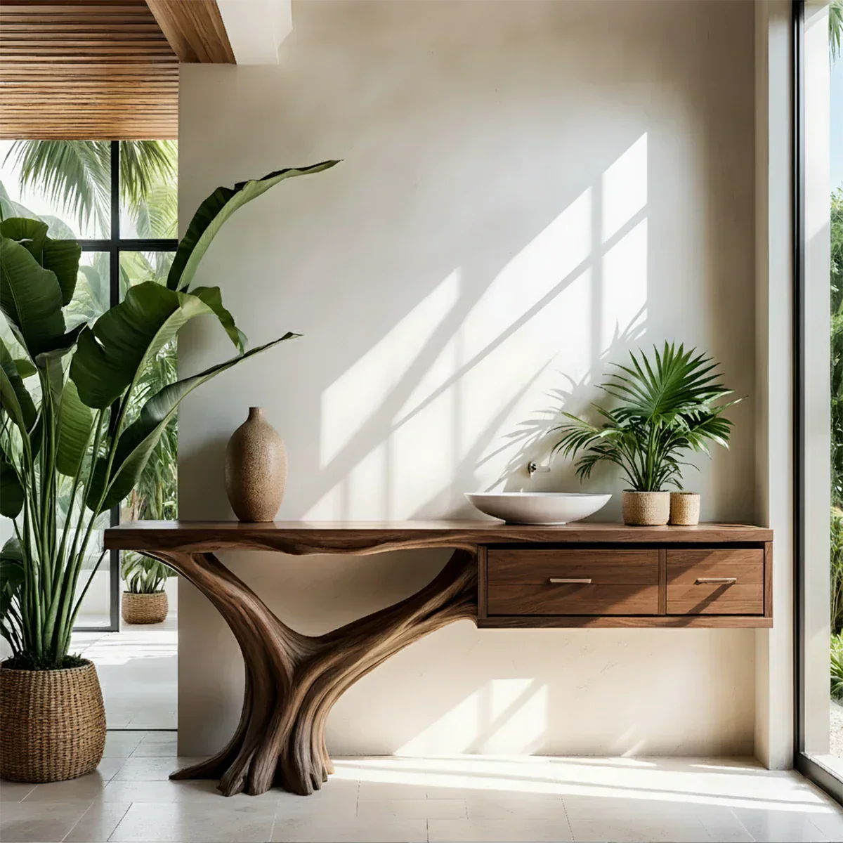 Solid Wood Console Table with Tree-Root Sculptural Base & Dual Drawers - Rustiracraft 