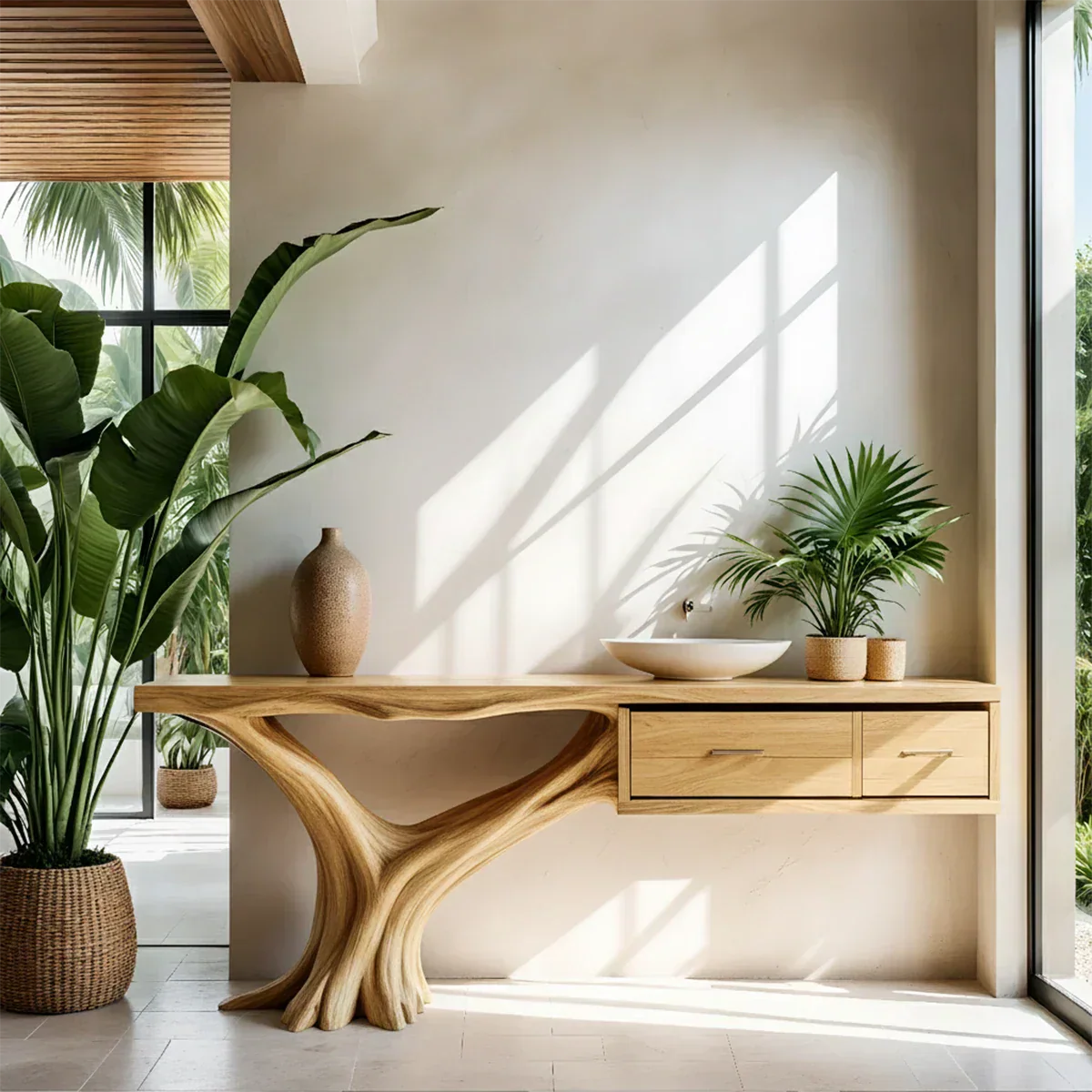 Solid Wood Console Table with Tree-Root Sculptural Base & Dual Drawers - Rustiracraft 