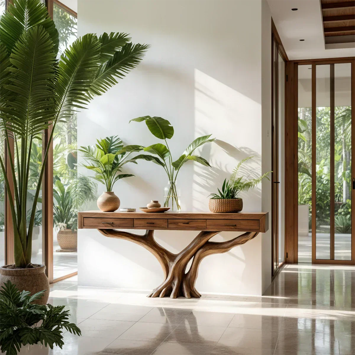 Solid Wood Console Table with Tree-Root Sculptural Base & Storage Drawers - Rustiracraft 