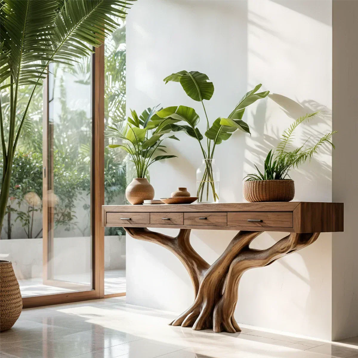 Solid Wood Console Table with Tree-Root Sculptural Base & Storage Drawers - Rustiracraft 