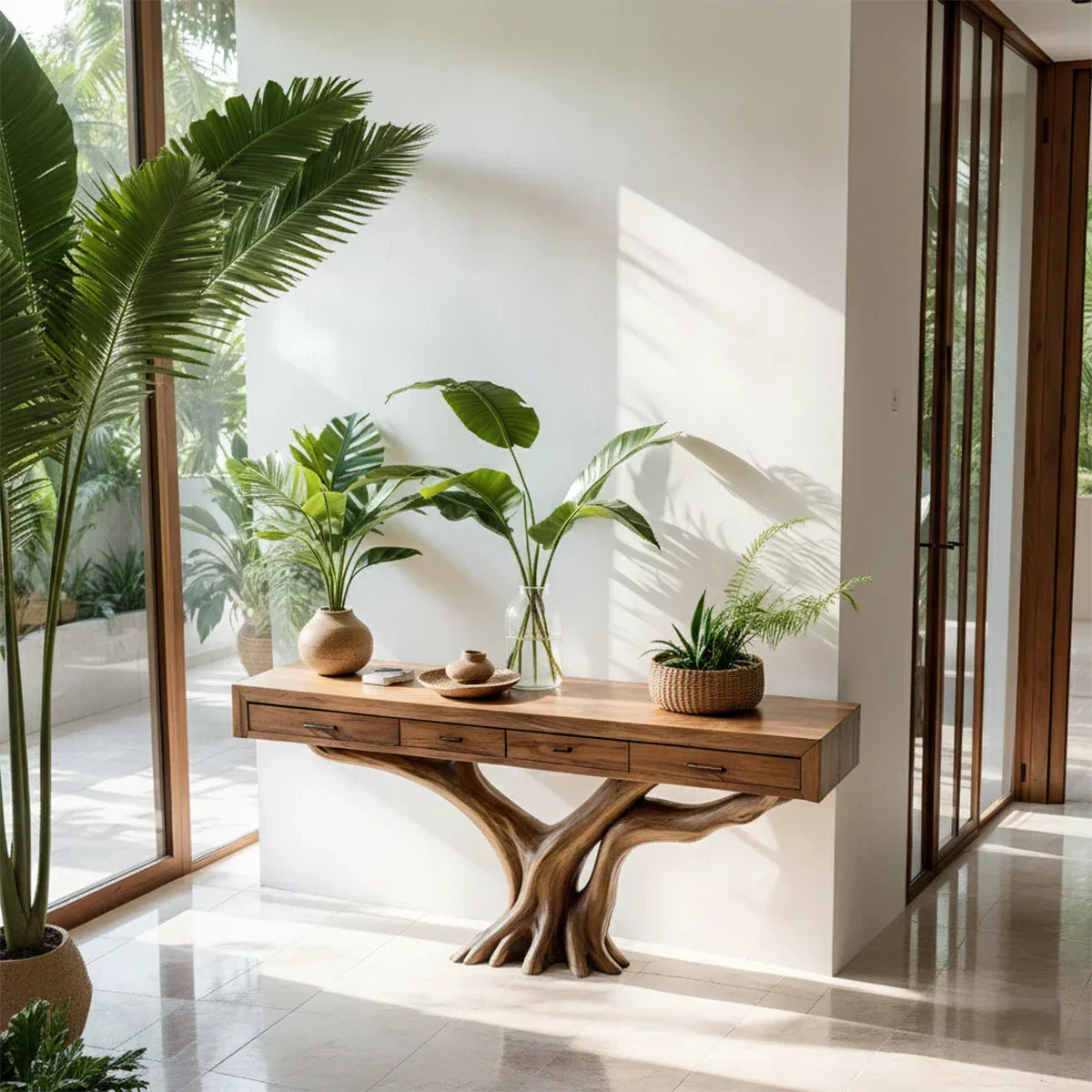 Solid Wood Console Table with Tree-Root Sculptural Base & Storage Drawers - Rustiracraft 
