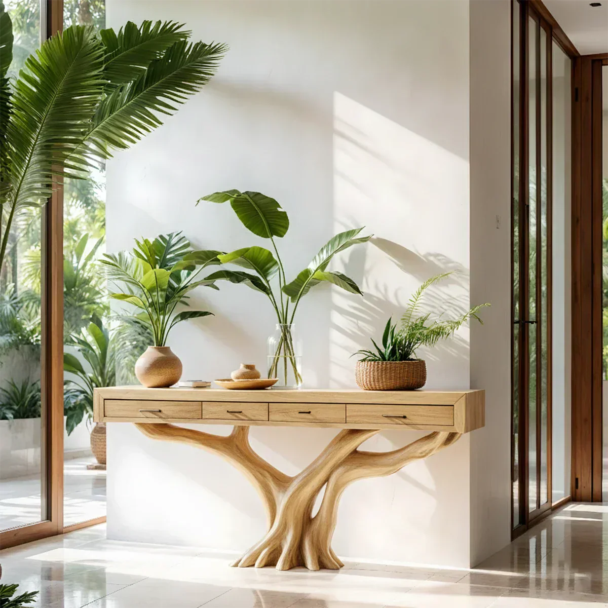 Solid Wood Console Table with Tree-Root Sculptural Base & Storage Drawers - Rustiracraft 