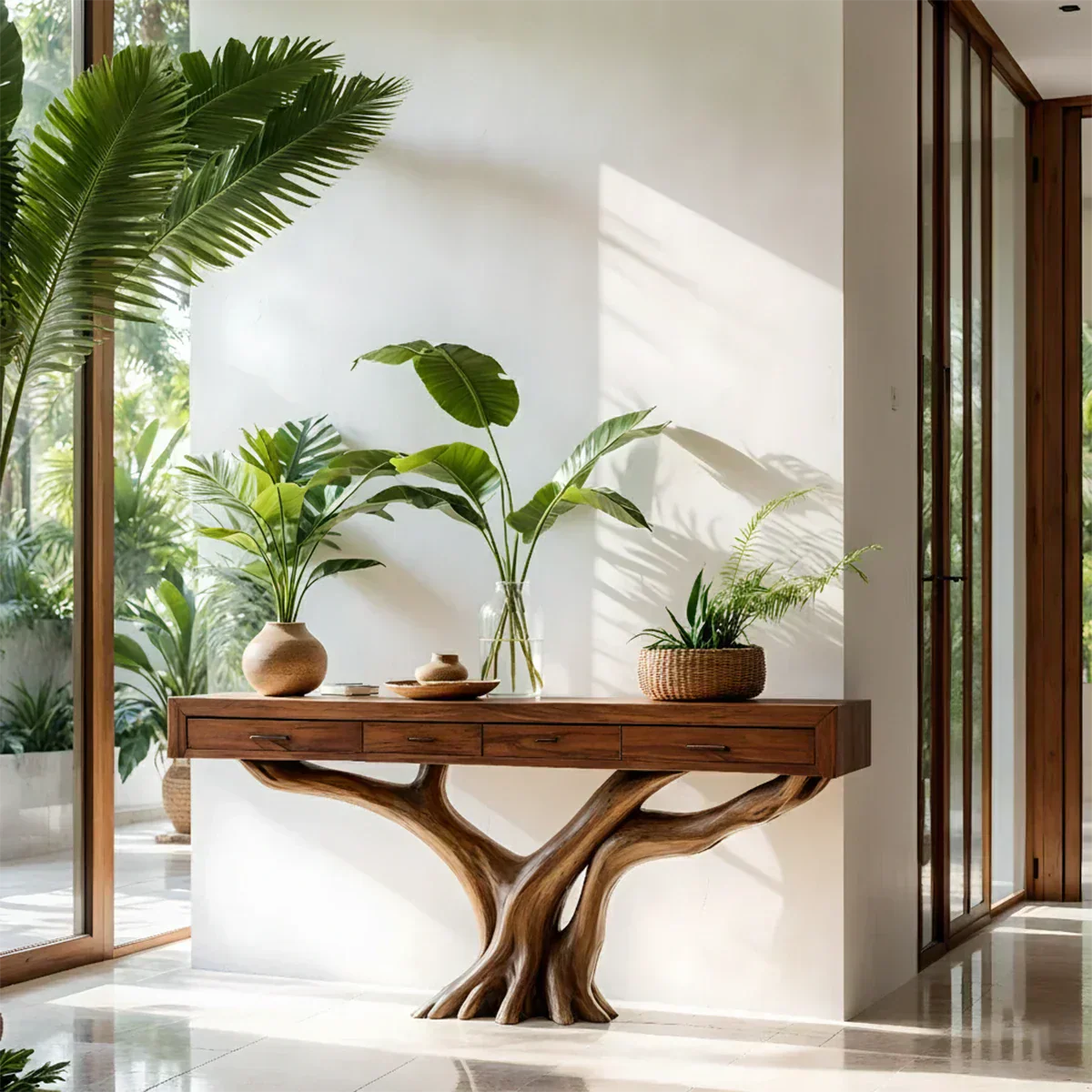 Solid Wood Console Table with Tree-Root Sculptural Base & Storage Drawers - Rustiracraft 