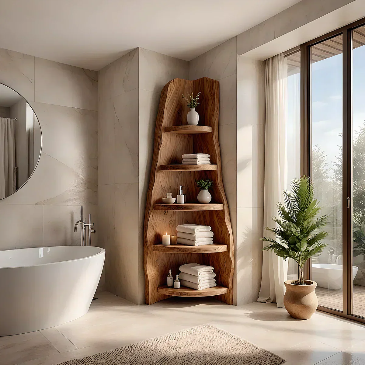 Solid Wood Corner Bathroom Shelf Tower – Live Edge Natural Design - Rustiracraft 