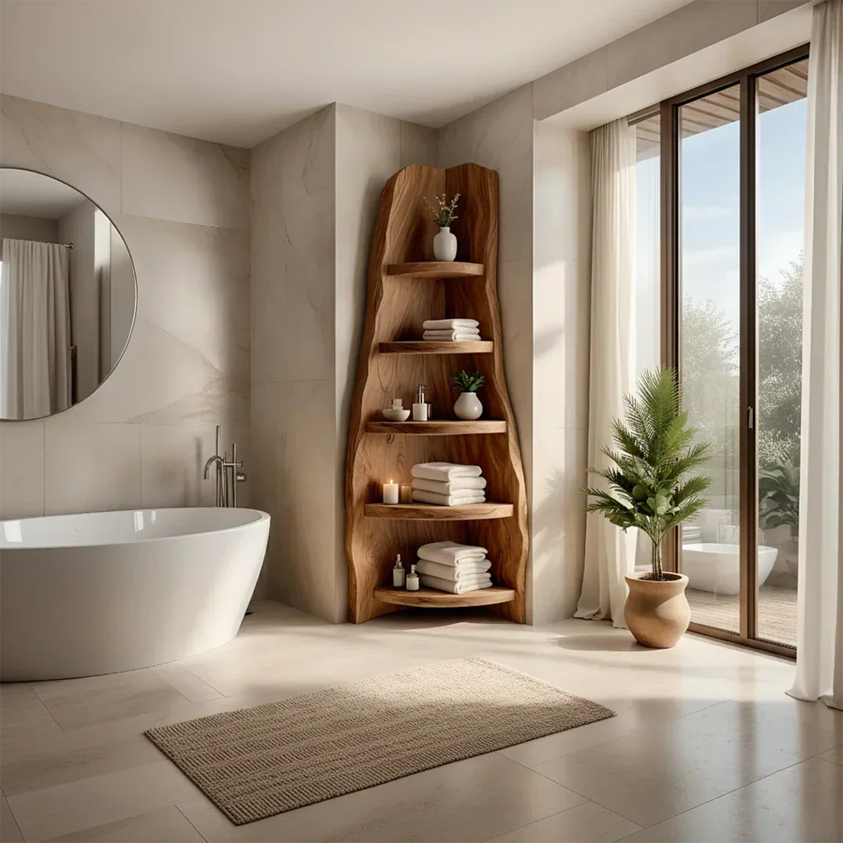 Solid Wood Corner Bathroom Shelf Tower – Live Edge Natural Design - Rustiracraft 