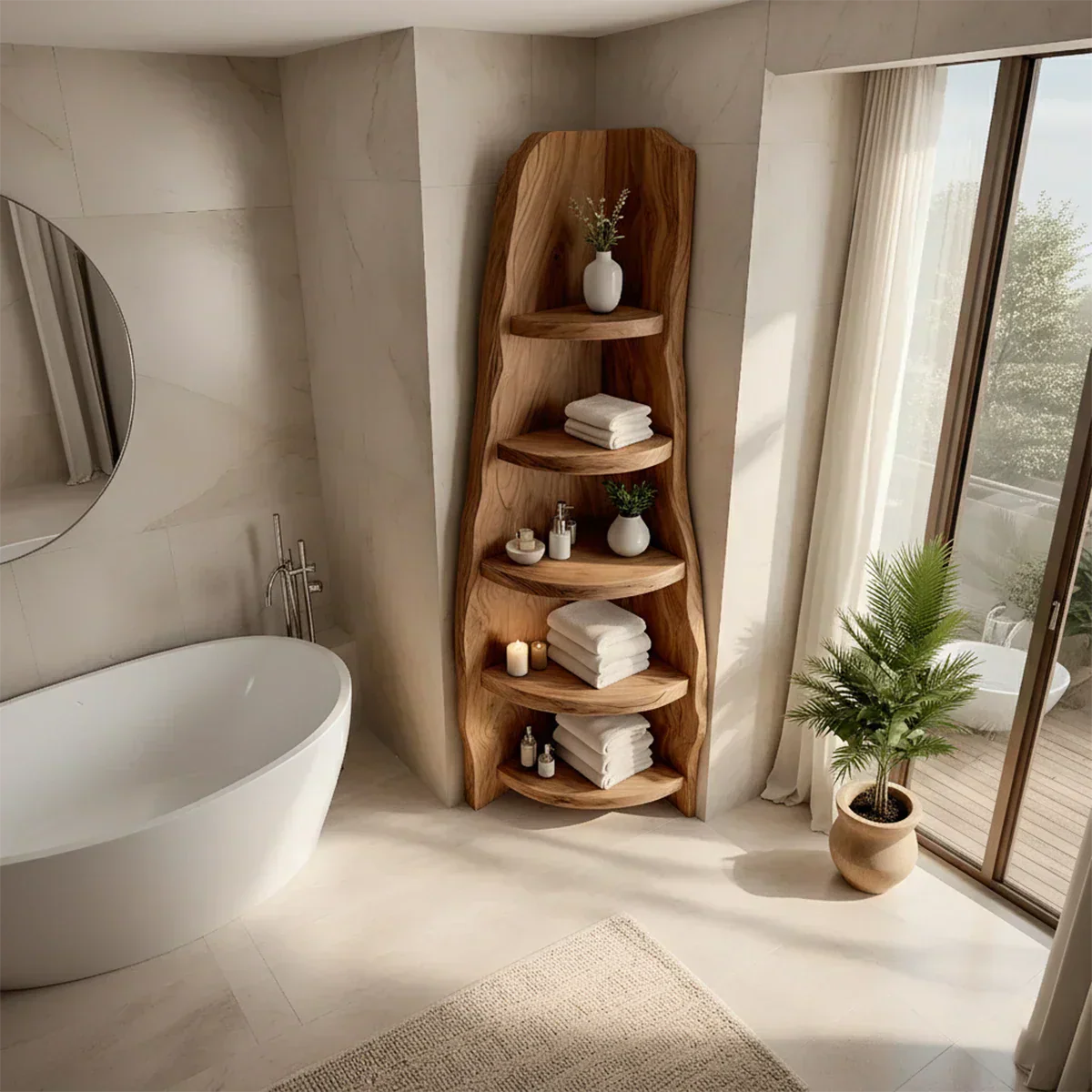 Solid Wood Corner Bathroom Shelf Tower – Live Edge Natural Design - Rustiracraft 