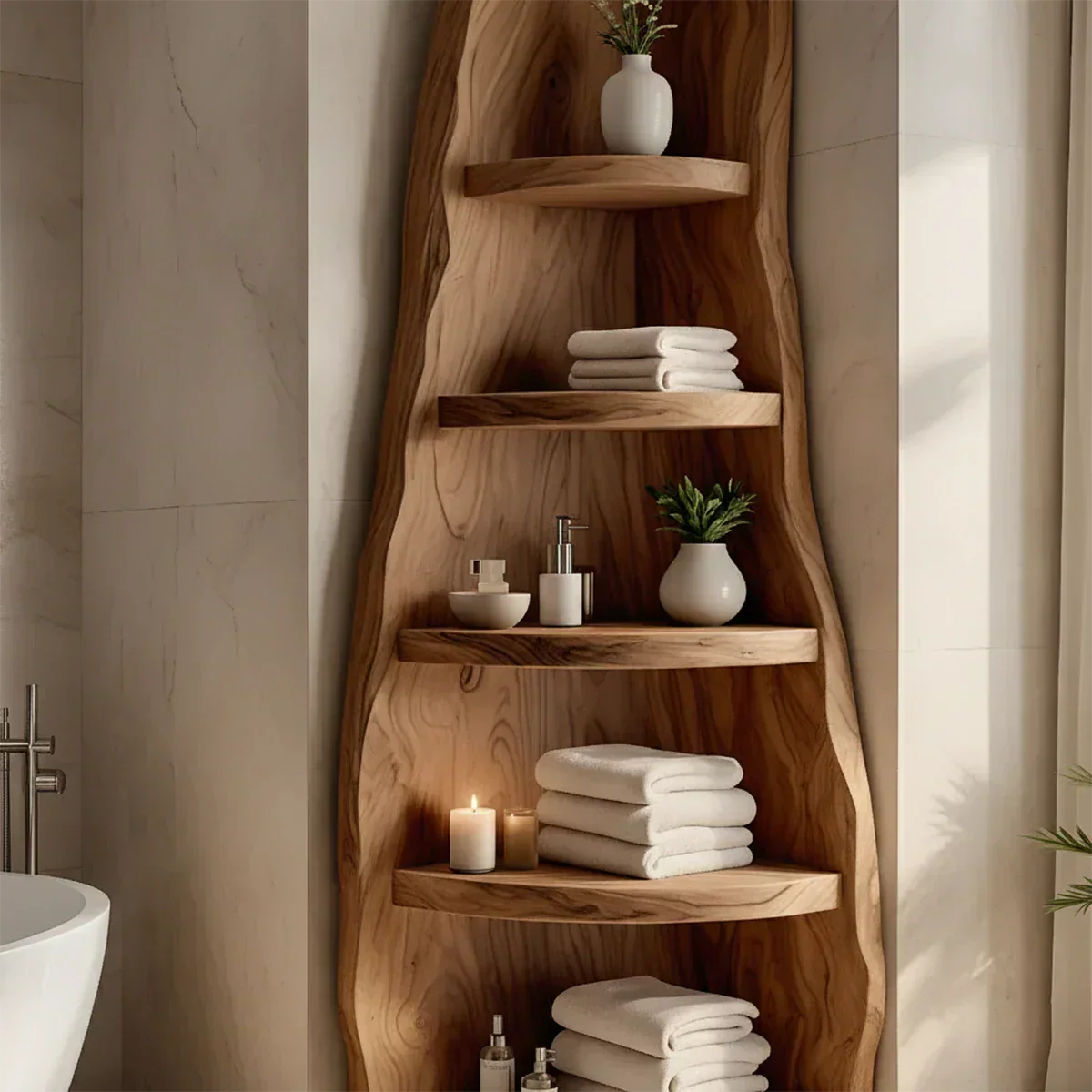 Solid Wood Corner Bathroom Shelf Tower – Live Edge Natural Design - Rustiracraft 