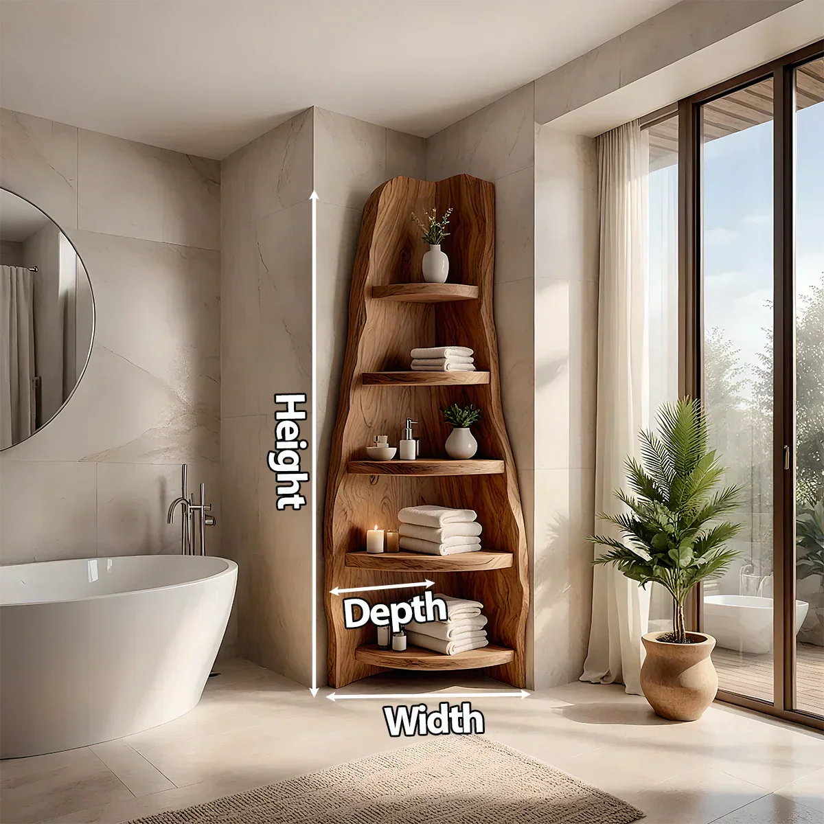 Solid Wood Corner Bathroom Shelf Tower – Live Edge Natural Design - Rustiracraft 