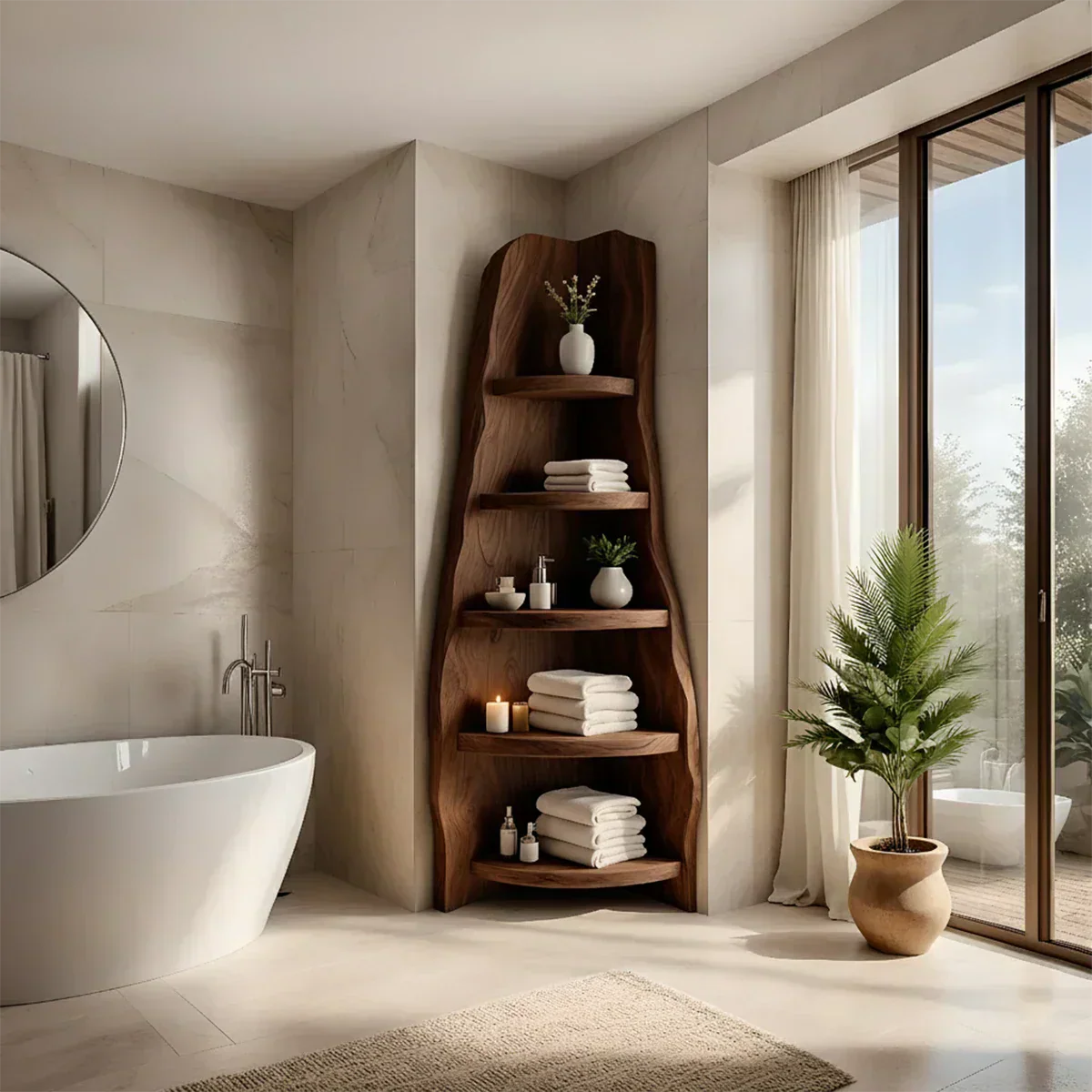 Solid Wood Corner Bathroom Shelf Tower – Live Edge Natural Design - Rustiracraft 