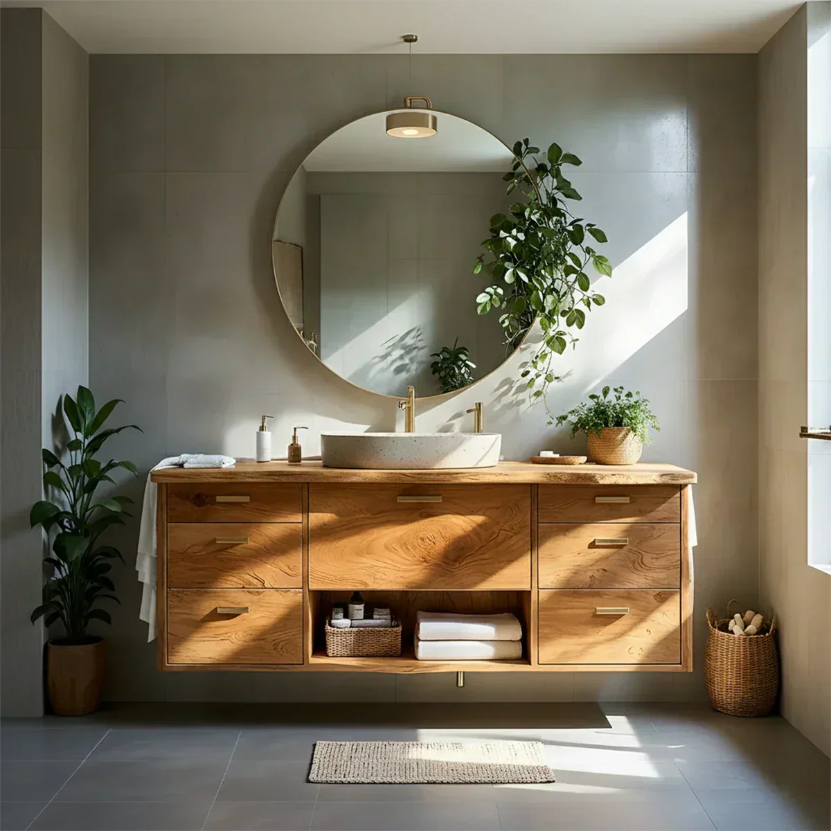 Solid Wood Double Floating Vanity with Stone Basin - Rustiracraft 