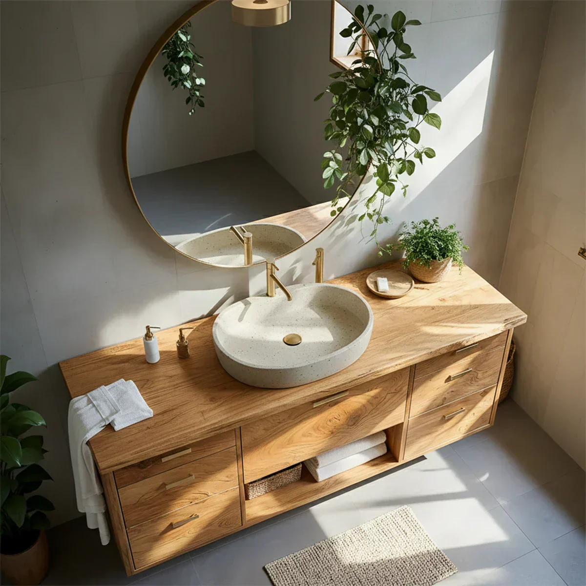 Solid Wood Double Floating Vanity with Stone Basin - Rustiracraft 