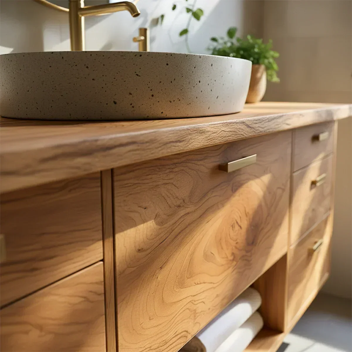 Solid Wood Double Floating Vanity with Stone Basin - Rustiracraft 
